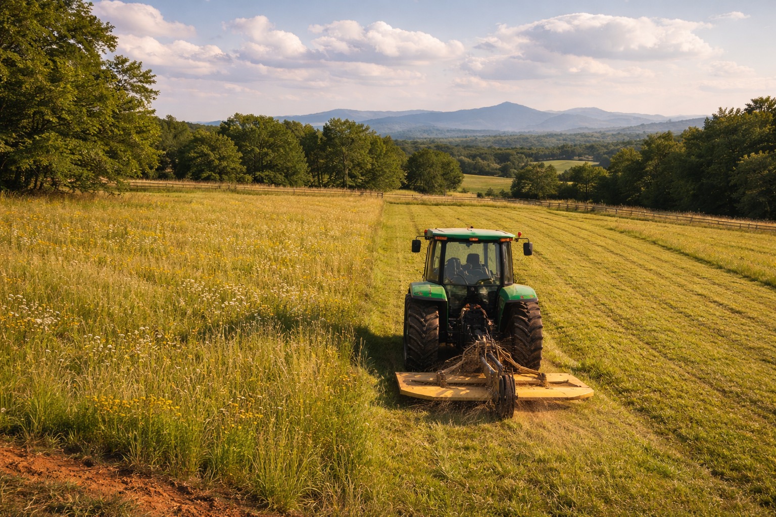 Tractor with brush mower cutting a rolling meadow in the Virginia Piedmont