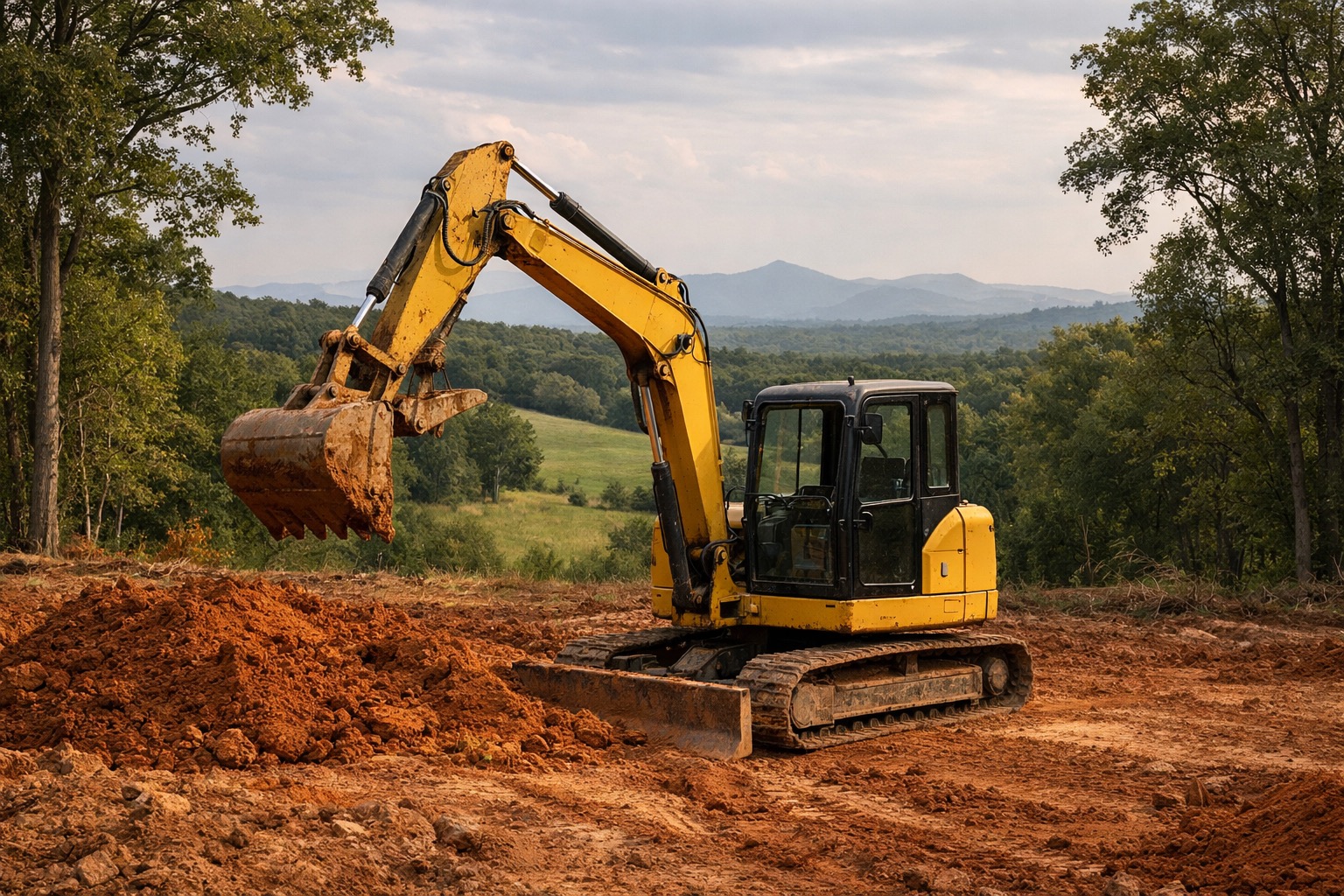 Compact tracked equipment regrading red clay on a Virginia Piedmont hilltop