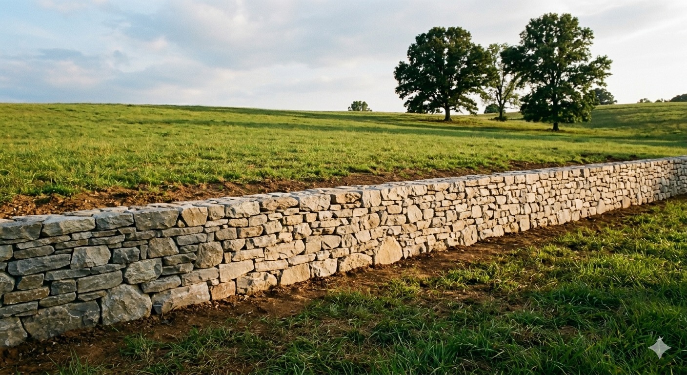 Long dry-stacked stone wall across green pasture with mature oak trees